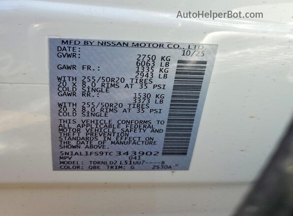 5N1AL1FS9TC343902 2026 INFINITI QX60 White Вид наклейки з VIN-кодом