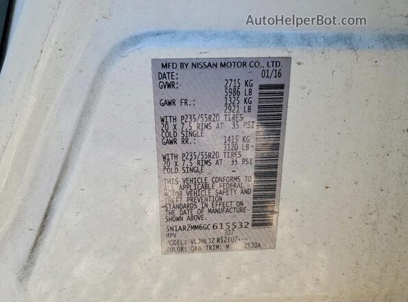 5N1AR2MM6GC615532 2016 NISSAN PATHFINDER White VIN sticker view