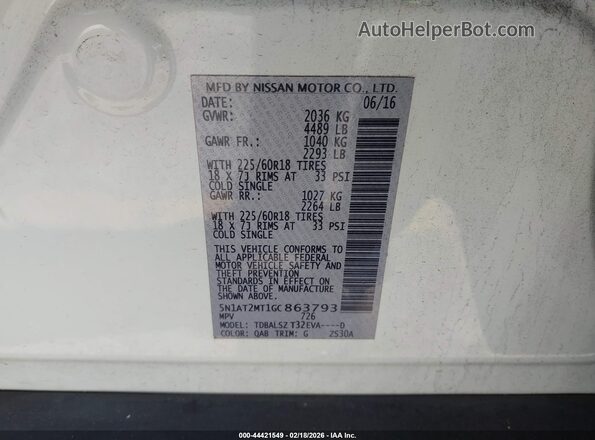 5N1AT2MT1GC863793 2016 NISSAN ROGUE White Widok komory silnika