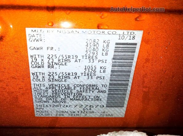 5N1AT2MT2KC727679 2019 NISSAN ROGUE Оранжевый Вид наклейки с VIN-кодом