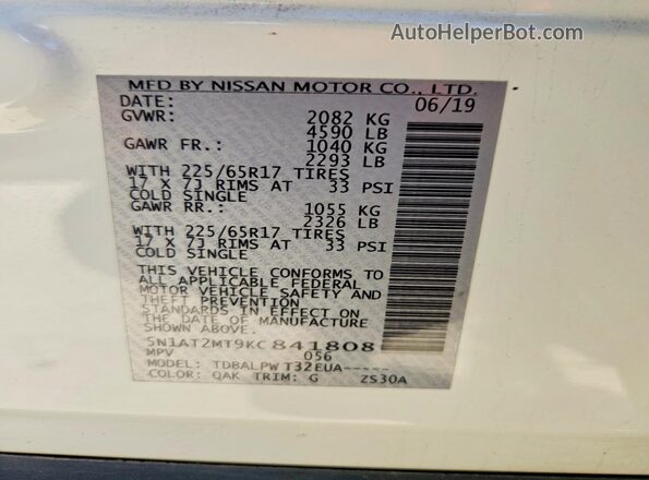 5N1AT2MT9KC841808 2019 NISSAN ROGUE White VIN կոդի պիտակի տեսք