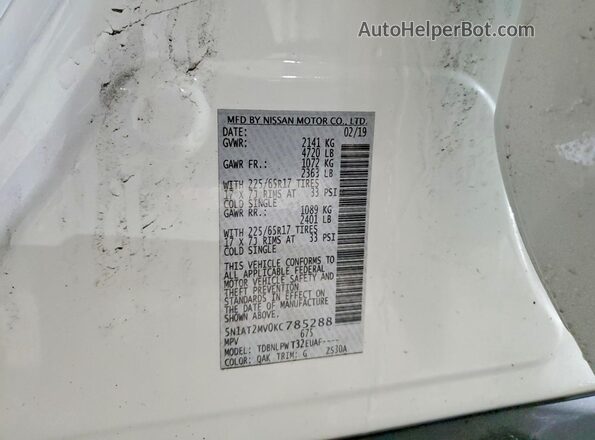 5N1AT2MV0KC785288 2019 NISSAN ROGUE White VIN կոդի պիտակի տեսք