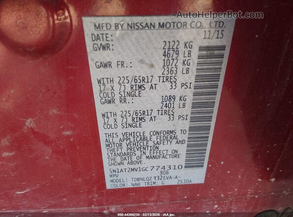 5N1AT2MV1GC774310 2016 NISSAN ROGUE Red Вид підкапотного простору