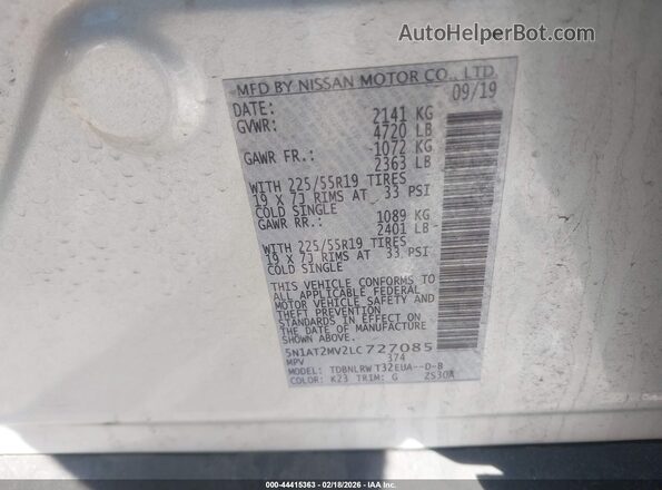 5N1AT2MV2LC727085 2020 NISSAN ROGUE Silver Vista del compartimento del motor