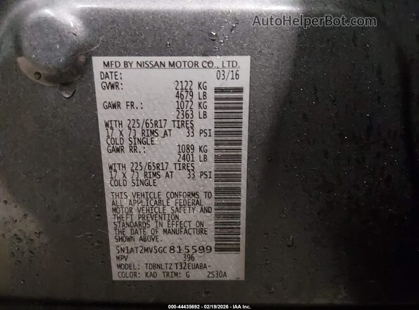 5N1AT2MV5GC815599 2016 NISSAN ROGUE Gray Engine compartment view