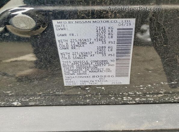 5N1AT2MVXKC809886 2019 NISSAN ROGUE Black Widok naklejki z numerem VIN