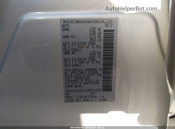 5N1AZ2AS1PC109562 2023 NISSAN MURANO Gray Շարժիչի բաժամունքի տեսք