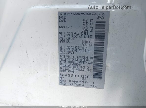 5N1AZ2BS3PC103101 2023 NISSAN MURANO White Widok komory silnika