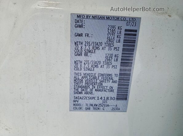 5N1AZ2CSXPC141830 2023 NISSAN MURANO White Widok naklejki z numerem VIN