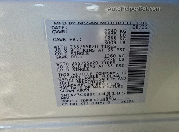 5N1AZ3CS8SC143185 2025 NISSAN MURANO Серебряный Вид наклейки с VIN-кодом
