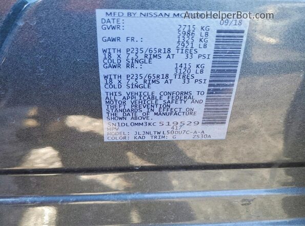 5N1DL0MM3KC519529 2019 INFINITI QX60 Серый Вид наклейки с VIN-кодом