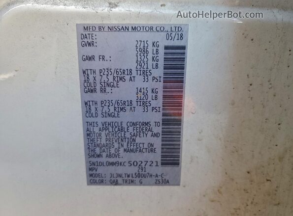 5N1DL0MM9KC502721 2019 INFINITI QX60 White Widok naklejki z numerem VIN