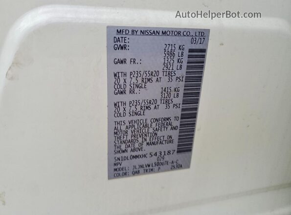 5N1DL0MMXHC543187 2017 INFINITI QX60 White Widok komory silnika