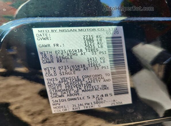 5N1DL0MN5LC532485 2020 INFINITI QX60 Черный Вид наклейки с VIN-кодом