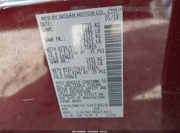 5N1DL0MN7KC502869 2019 INFINITI QX60 Burgundy Вид підкапотного простору