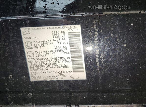 5N1DL0MN8KC569609 2019 INFINITI QX60 Black VIN կոդի պիտակի տեսք