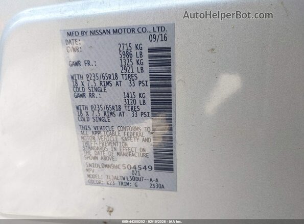 5N1DL0MN9HC504549 2017 INFINITI QX60 Серебряный Вид подкапотного пространства