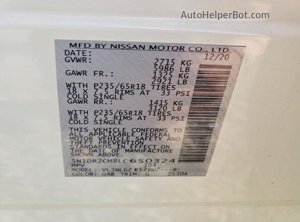 5N1DR2CM8LC650324 2020 NISSAN PATHFINDER White Widok naklejki z numerem VIN