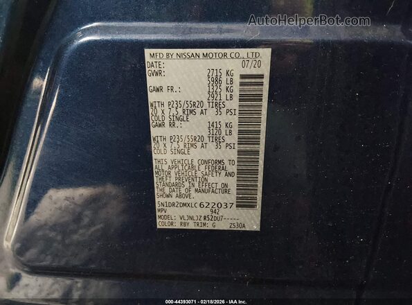 5N1DR2DMXLC622037 2020 NISSAN PATHFINDER Blue Շարժիչի բաժամունքի տեսք