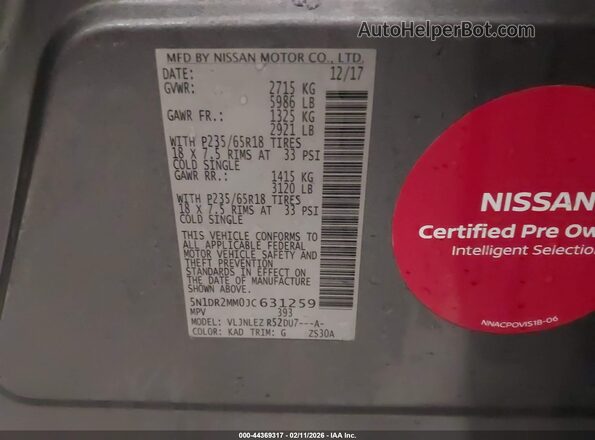 5N1DR2MM0JC631259 2018 NISSAN PATHFINDER Gray ძრავის განყოფილების ხედი