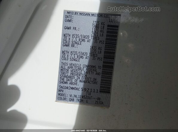 5N1DR2MM0KC592111 2019 NISSAN PATHFINDER Белый Вид подкапотного пространства