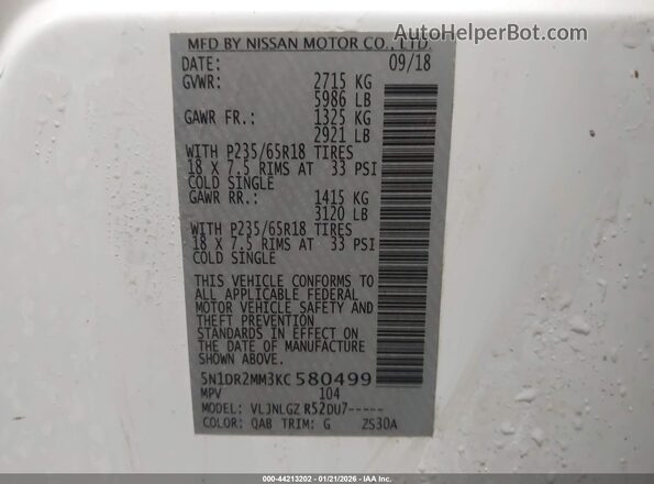 5N1DR2MM3KC580499 2019 NISSAN PATHFINDER Белый Вид подкапотного пространства