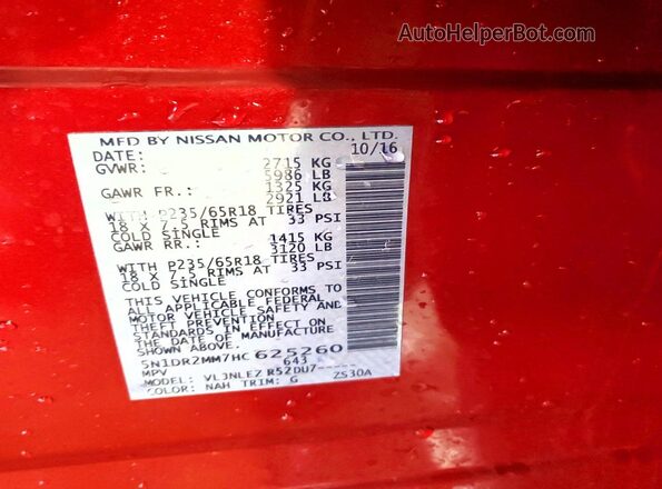 5N1DR2MM7HC625260 2017 NISSAN PATHFINDER Red Вид наклейки з VIN-кодом