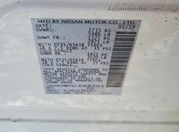 5N1DR2MM7KC608501 2019 NISSAN PATHFINDER White Vista de la etiqueta del VIN
