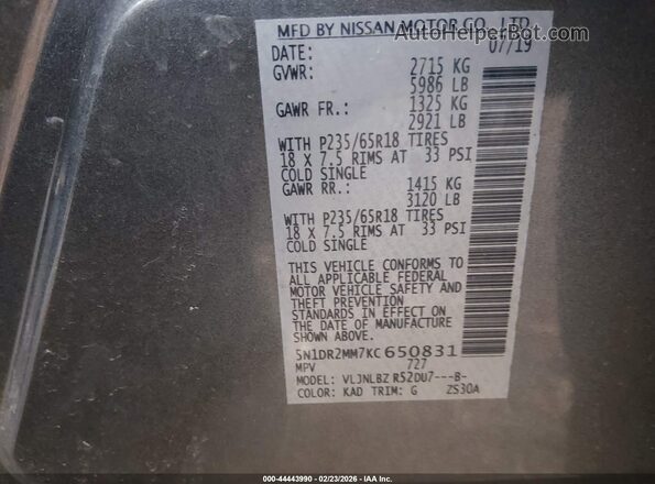 5N1DR2MM7KC650831 2019 NISSAN PATHFINDER Gray Widok komory silnika