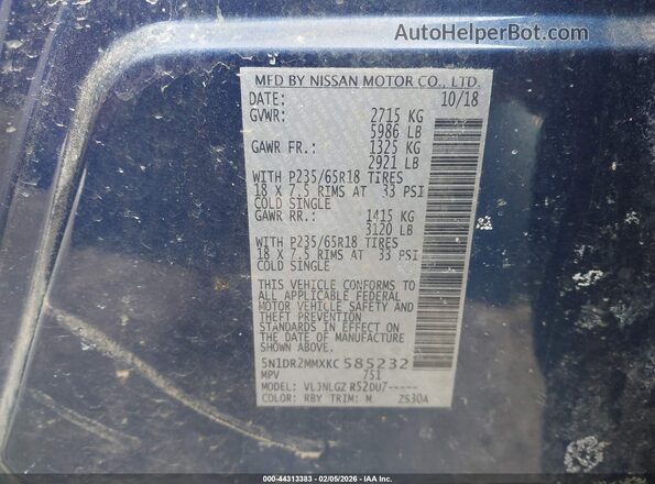 5N1DR2MMXKC585232 2019 NISSAN PATHFINDER Blue Vista del compartimento del motor