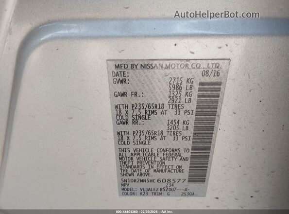 5N1DR2MN5HC608577 2017 NISSAN PATHFINDER Silver Շարժիչի բաժամունքի տեսք