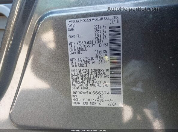 5N1DR2MN9JC666374 2018 NISSAN PATHFINDER Серый Вид подкапотного пространства