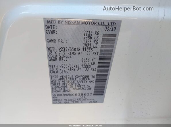 5N1DR2MN9KC618617 2019 NISSAN PATHFINDER Белый Вид подкапотного пространства