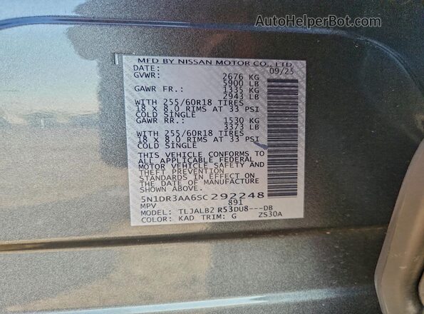5N1DR3AA6SC292248 2025 NISSAN PATHFINDER Серый Вид наклейки с VIN-кодом