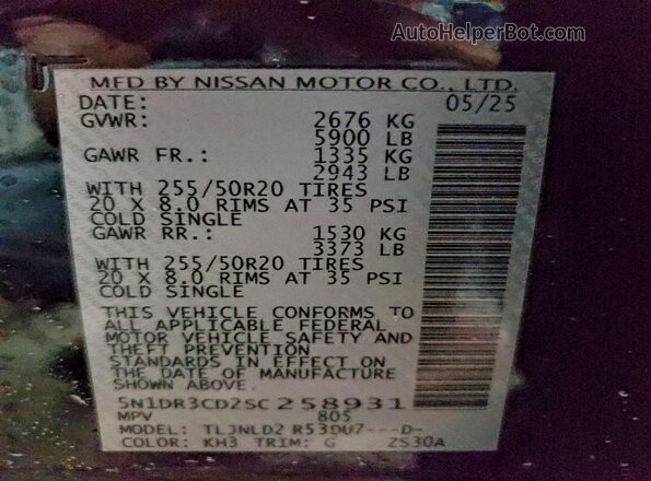 5N1DR3CD2SC258931 2025 NISSAN PATHFINDER Black Vista de la etiqueta del VIN