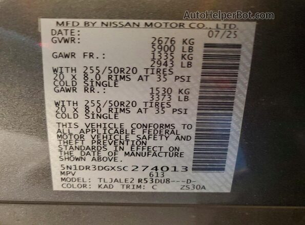 5N1DR3DGXSC274013 2025 NISSAN PATHFINDER Gray Widok naklejki z numerem VIN
