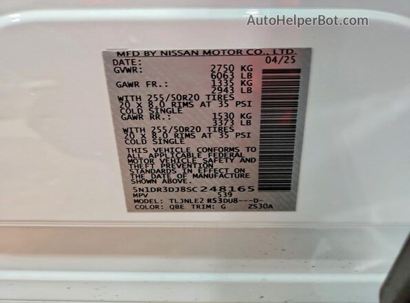 5N1DR3DJ8SC248165 2025 NISSAN PATHFINDER Белый Панорамный вид салона 360°