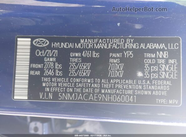 5NMJACAE9NH060041 2022 HYUNDAI TUCSON Синий Вид подкапотного пространства