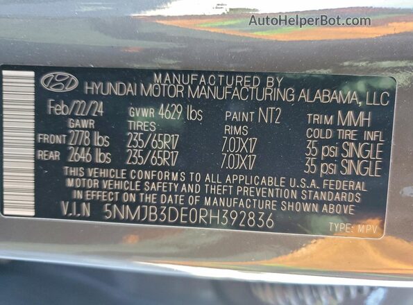 5NMJB3DE0RH392836 2024 HYUNDAI TUCSON Серый Вид подкапотного пространства