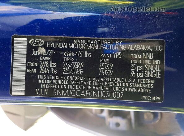 5NMJCCAE0NH030002 2022 HYUNDAI TUCSON Синий Панорамный вид салона 360°