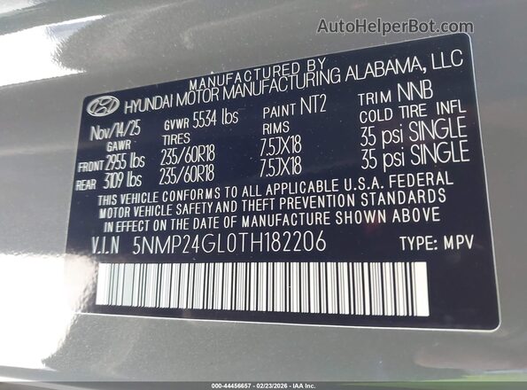 5NMP24GL0TH182206 2026 HYUNDAI SANTA FE Серый Вид подкапотного пространства