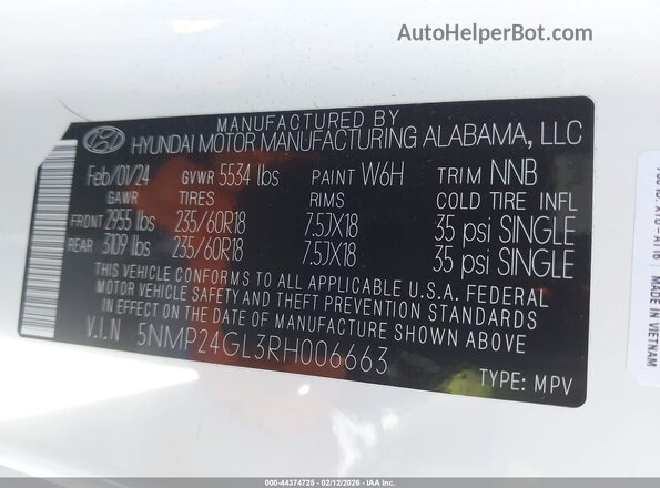 5NMP24GL3RH006663 2024 HYUNDAI SANTA FE Белый Вид подкапотного пространства