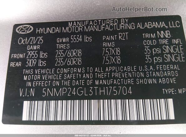 5NMP24GL3TH175704 2026 HYUNDAI SANTA FE Gray Engine compartment view