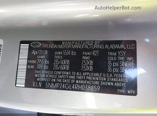5NMP24GL4RH038859 2024 HYUNDAI SANTA FE Серебряный Вид подкапотного пространства