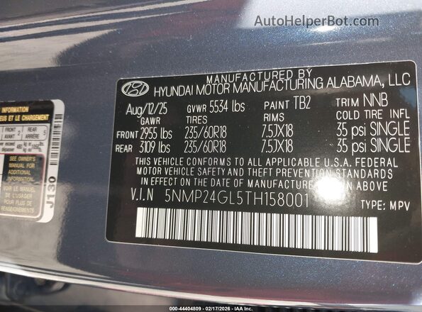 5NMP24GL5TH158001 2026 HYUNDAI SANTA FE Blue Вид підкапотного простору