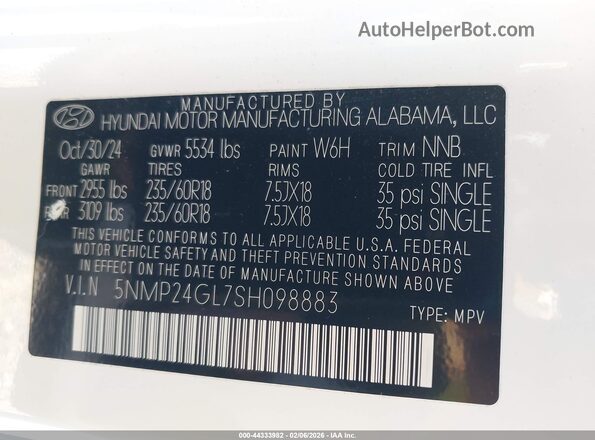 5NMP24GL7SH098883 2025 HYUNDAI SANTA FE Белый Вид подкапотного пространства