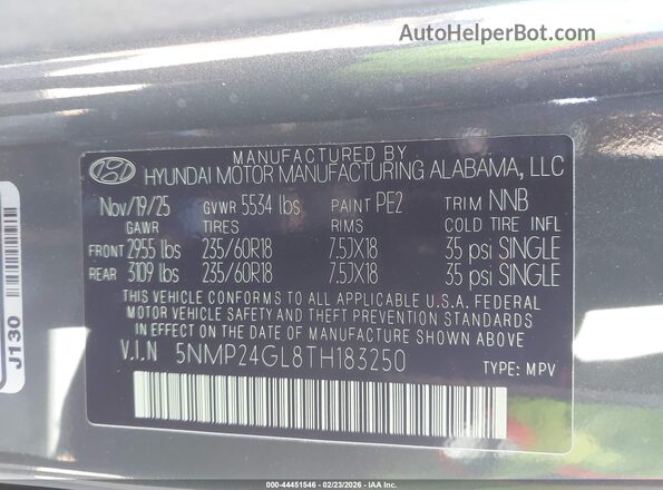 5NMP24GL8TH183250 2026 HYUNDAI SANTA FE Gray Vista del compartimento del motor