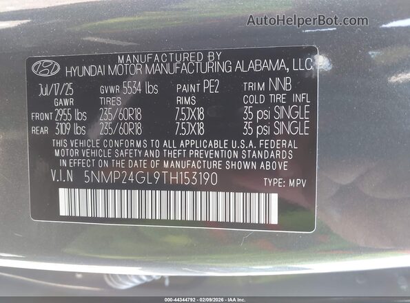 5NMP24GL9TH153190 2026 HYUNDAI SANTA FE Серый Вид подкапотного пространства