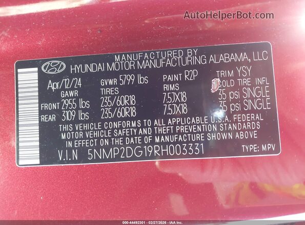 5NMP2DG19RH003331 2024 HYUNDAI SANTA FE HYBRID Red Widok komory silnika