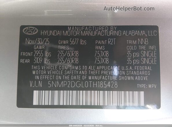 5NMP2DGL0TH185428 2026 HYUNDAI SANTA FE Gray Շարժիչի բաժամունքի տեսք